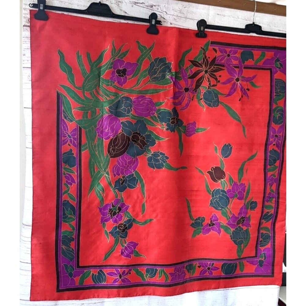 100% Thai Silk Square Scarf Red Tulips Floral Handvowen Handrolled 36*36"